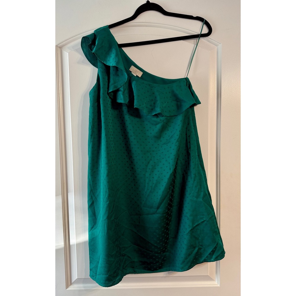 LOFT One Shoulder Dress S Green Ruffle Polka Dot Jacquard Jewel Tone Chic Satin